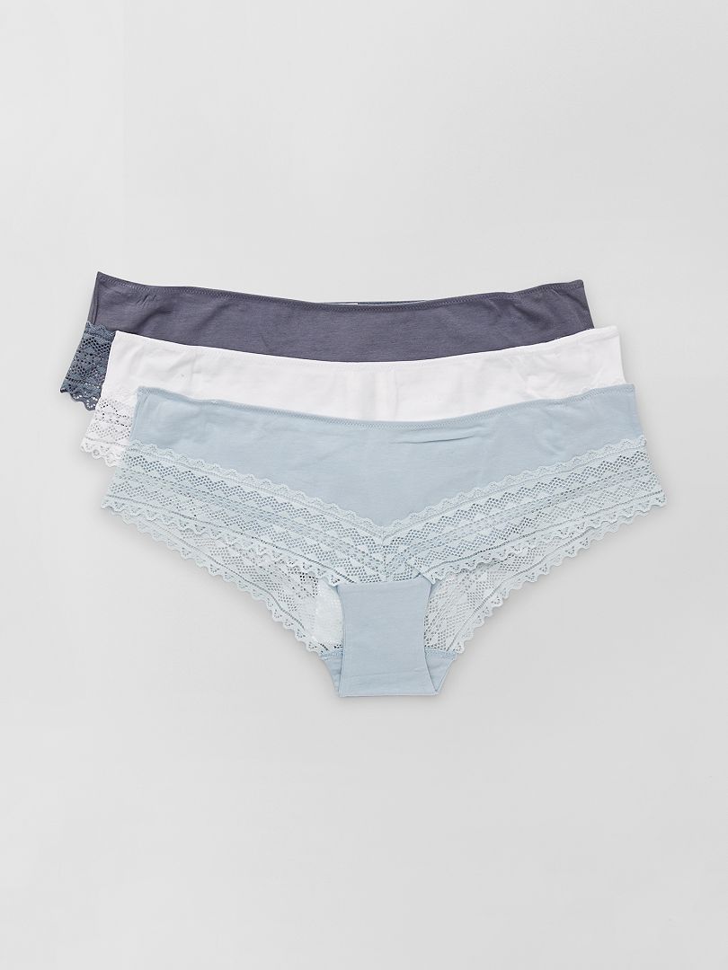 Conjunto de 3 bragas de algodón y encaje - AZUL