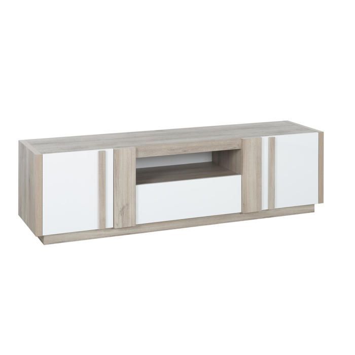 Mobile porta TV con finitura effetto legno rovere chiaro, 2 ante, 1 cassetto, bianco lucido.