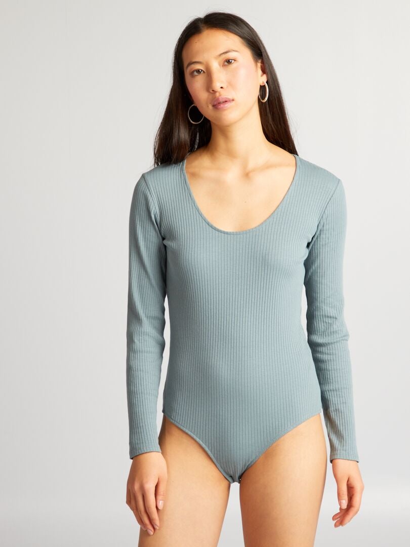 Body canelado de mangas compridas - AZUL