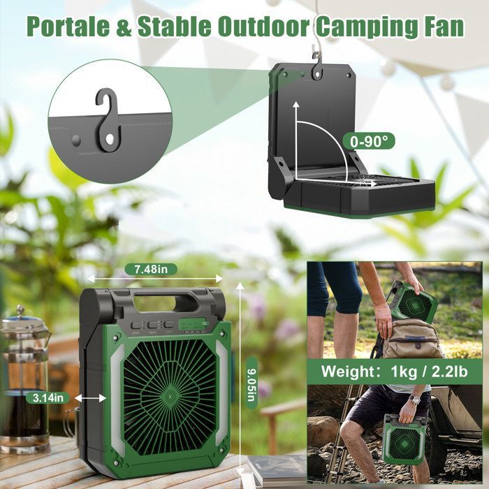 Ventilador de mesa silencioso con luz LED, ventilador portátil recargable de 20000 mAh, ventilador solar para camping, verde