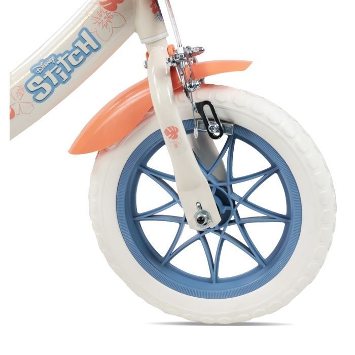 Vélo enfant 12'' STITCH / DISNEY (Taille enfant < 95 cm) avec 1 frein, panier avant, porte poupée, stabilisateurs & Casque inclus !