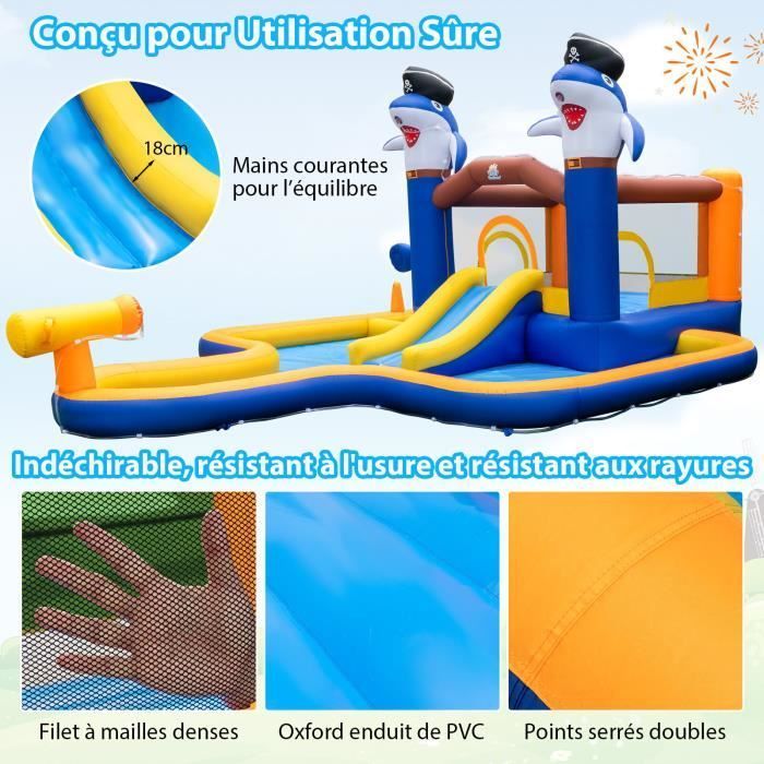 COSTWAY Château Gonflable 7 en 1-Parc Toboggan Aquatique pour Enfants, avec Piscine et Canon à Eau, Jeu de Boxe, 578 x 408 x 250 cm
