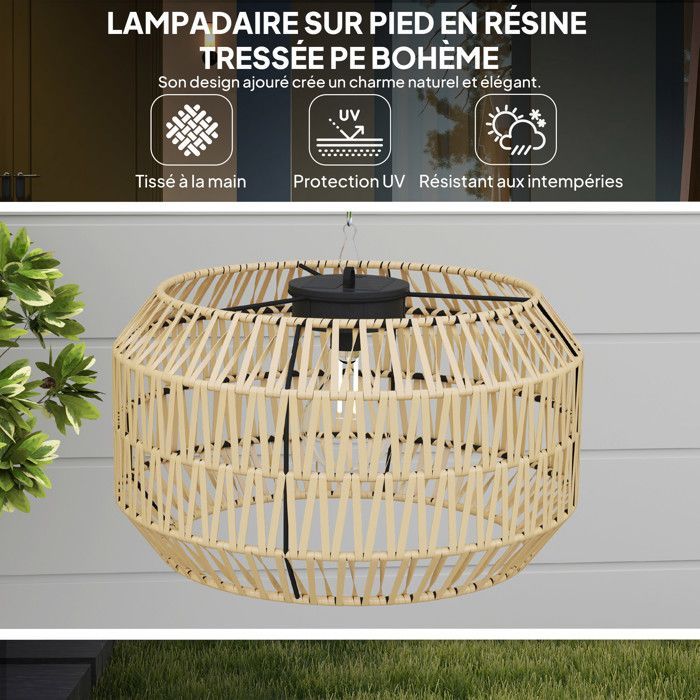 Lámpara de pie solar para exteriores Outsunny - estilo bohemio - sensor de luz, encendido automático - resina tejida - 178 cm - amarilla