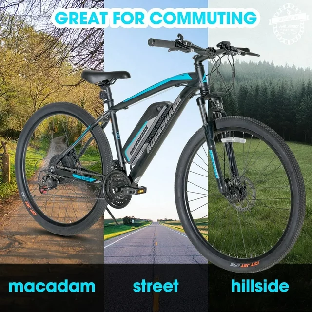 Hiland Rockshark Elektrofahrrad, elektrisches Mountainbike, Aluminium, 26/27,5 Zoll, 350 W, 32 km/h, E-Bike für Erwachsene, Shimano 21-Gang-Schaltung, Scheibenbremsen, Federgabel mit herausnehmbarem 36-V-10,4-Ah-Akku