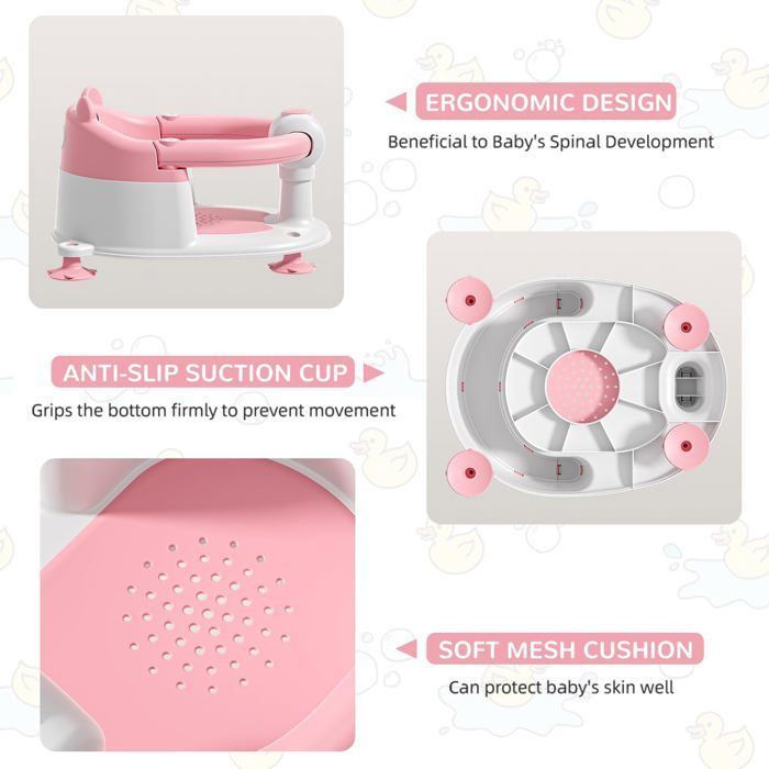 Babybadzitje voor baby's vanaf 6 maanden, antislip babybadzitje met 4 zuignappen en kussen, badstoel, roze
