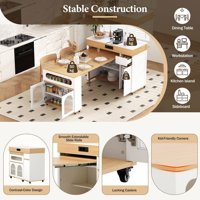 Isla de cocina con ruedas 50-187×110×95 cm. Carrito de cocina con encimera extensible, 4 puertas, 1 cajón y puertos USB.