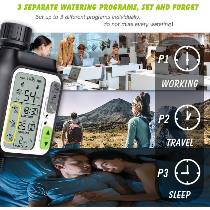 Automatische irrigatietimer - PZCC - Waterdichte timer - Regensensor - 3 programma's - Zwart