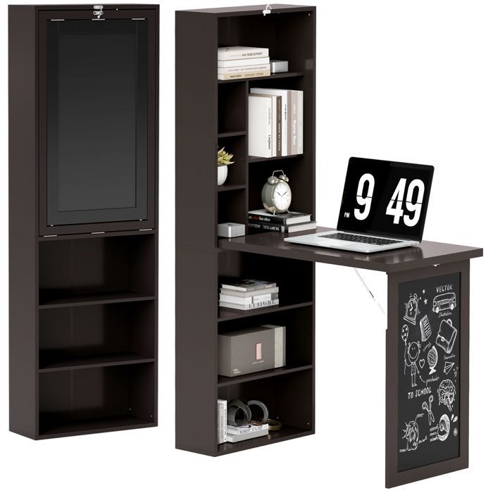 Escritorio plegable de pared HOMCOM con almacenamiento, librería, estación de trabajo, pizarra y estante ajustable.