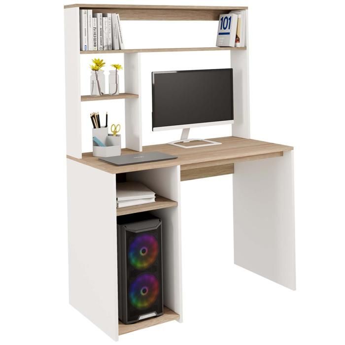 IDMARKET DAN Desk with Storage Shelves, White and Beech Effect