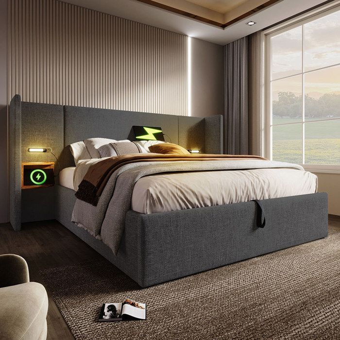 Cama de casal estofada de 180x200 cm com cabeceira longa, mesa de cabeceira, candeeiro de leitura, entrada USB tipo C, cómoda, roupa de cama, cinzenta.