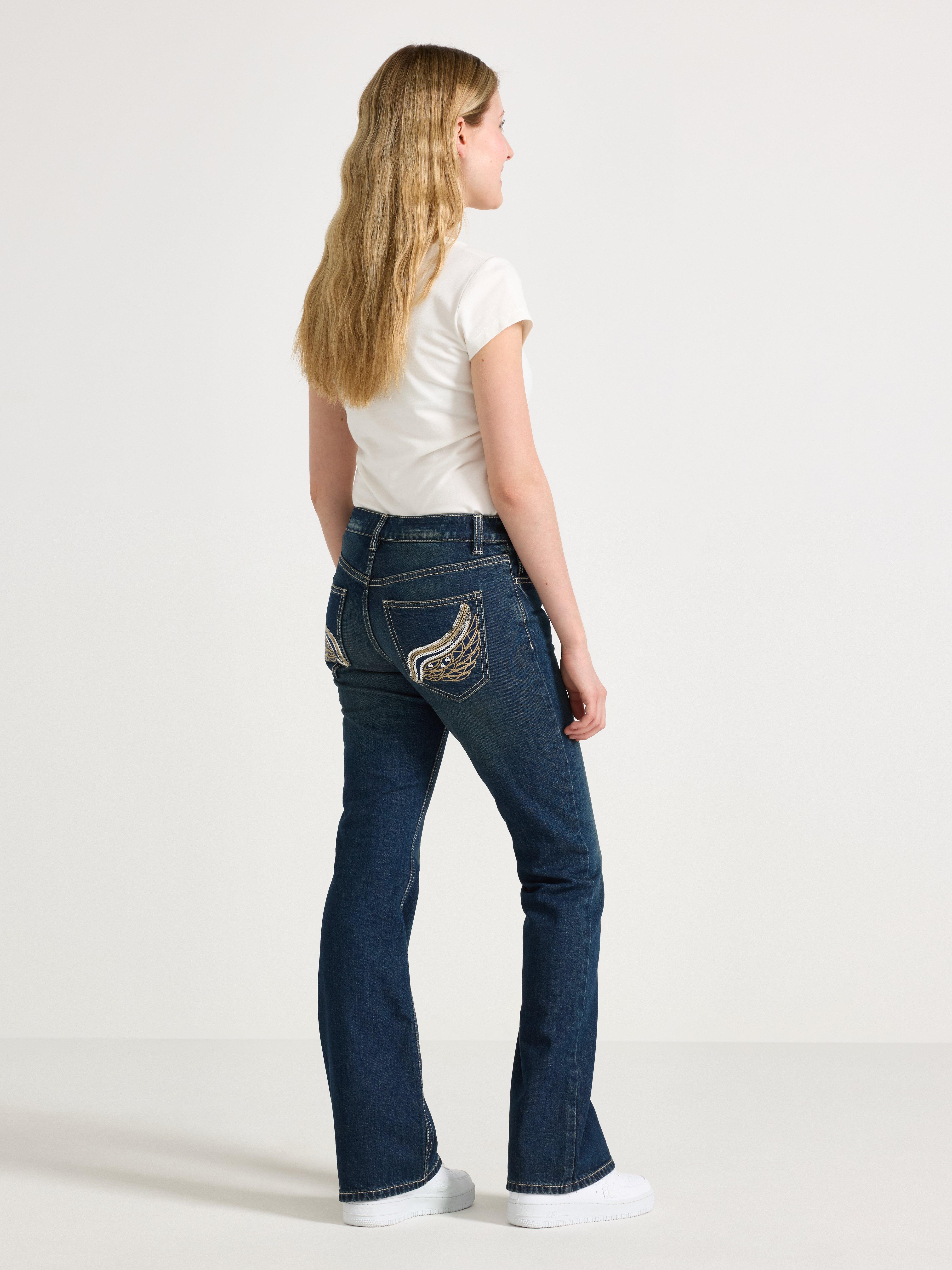 Vaqueros FREJA de pierna ancha con bolsillos traseros decorados. Denim oscuro.