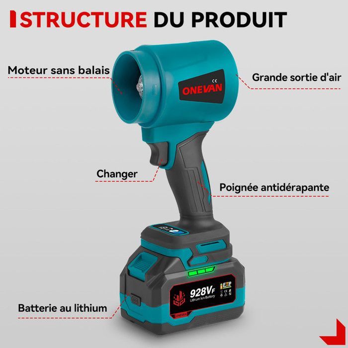 Akku-Laubbläser - ONEVAN - ONEVAN - 1500W - 58000 U/min - 2x4Ah Akkus