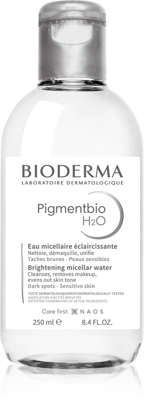 „Bioderma Pigmentbio H2O“ švelniai valomasis micelinis vanduo nuo pigmentacijos.