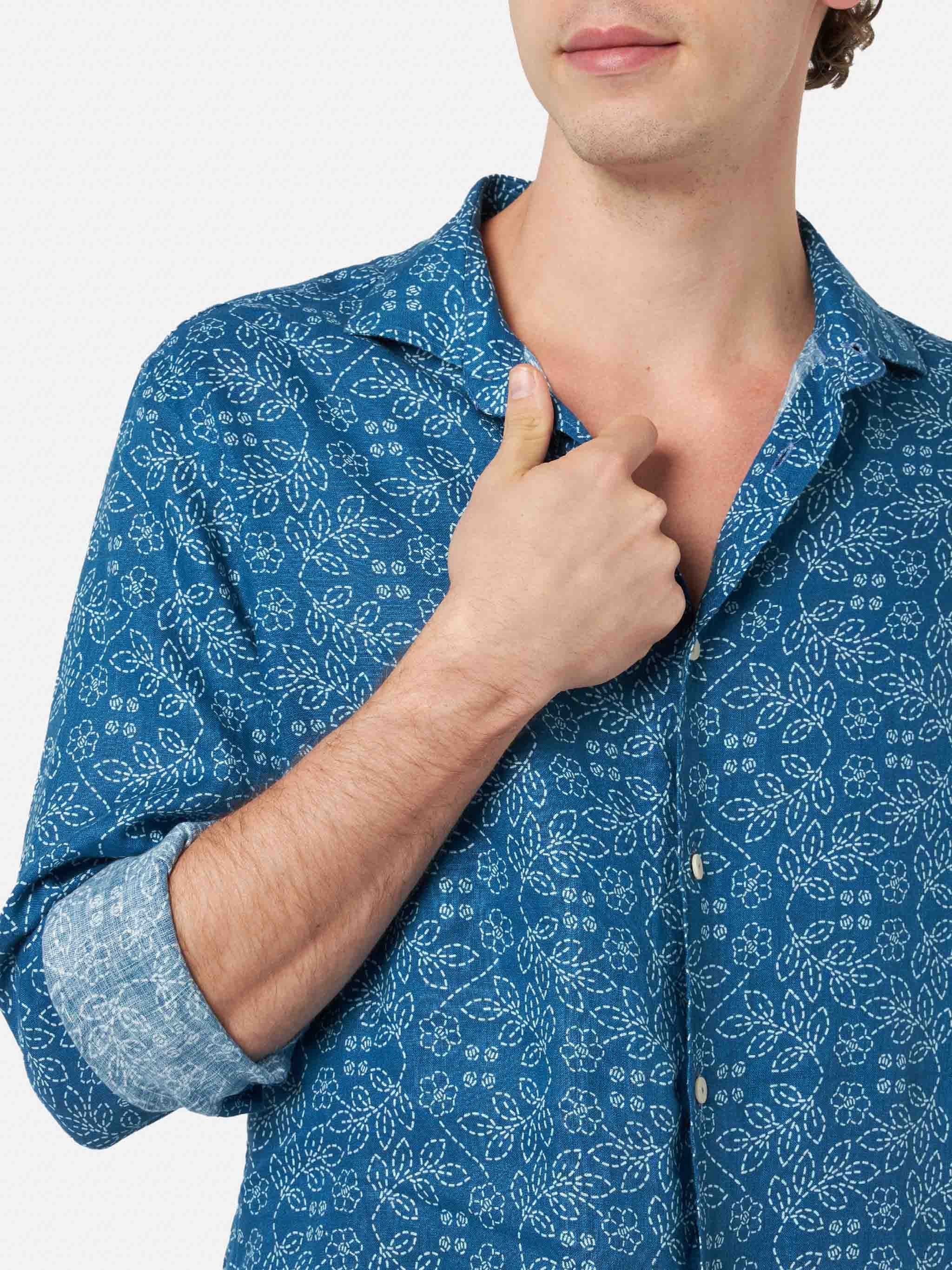 Pamplona marineblauwe linnen herenoverhemd met sashiko-print