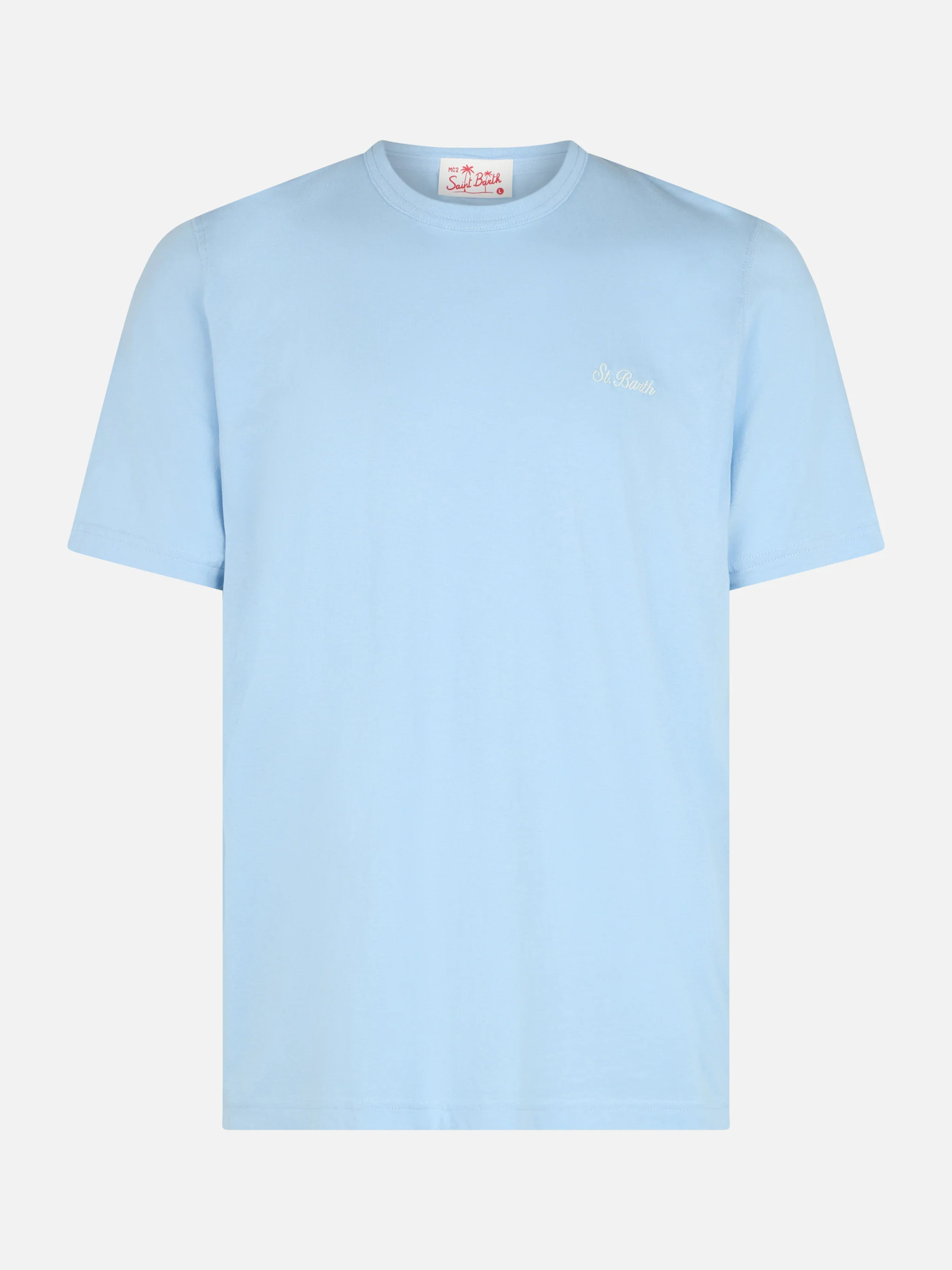 Camiseta de hombre Dover de punto de algodón azul claro con bordado de San Bartolomé