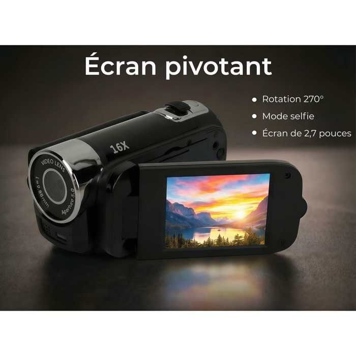 Full HD 1080p 16MP Digital Camcorder with 16x Zoom, 270° Rotating Screen, Built-in Flash, Lightweight, Compact Video Camera, Black