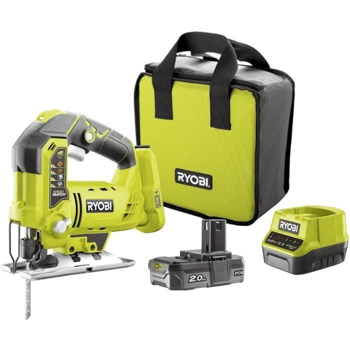 RYOBI - Sierra de calar pendular ONE+ de 18 V - Carrera de la hoja de 25 mm + Batería de litio+ de 2 Ah, cargador y bolsa de transporte - R18JS-120S