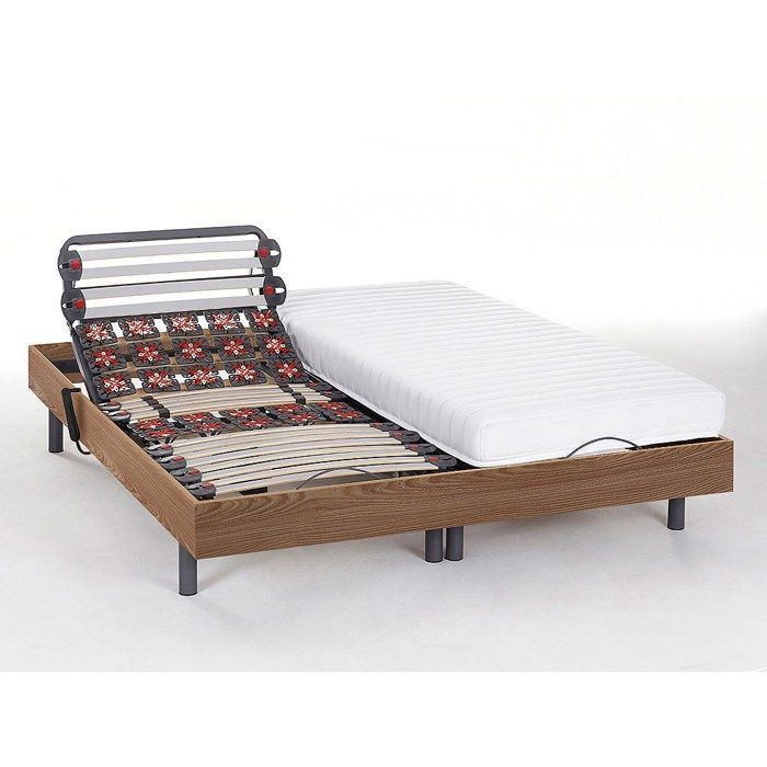 Cama eléctrica de relajación con somier de láminas y muelles + colchón de látex confort - 2 x 90 x 200 cm - Roble - PANDORA II de YSMÉE