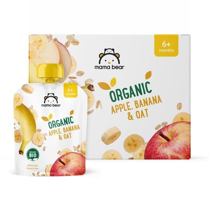 Postres de frutas Mama Bear - 52677 - Marca Amazon - Puré de manzana, plátano y avena, vegetariano, 90 g (paquete de 6)