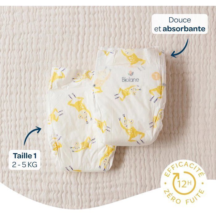 Babyluiers maat 1, 81 luiers, ultra-absorberend, 12 uur droog, comfort en bescherming, gemaakt in Frankrijk.