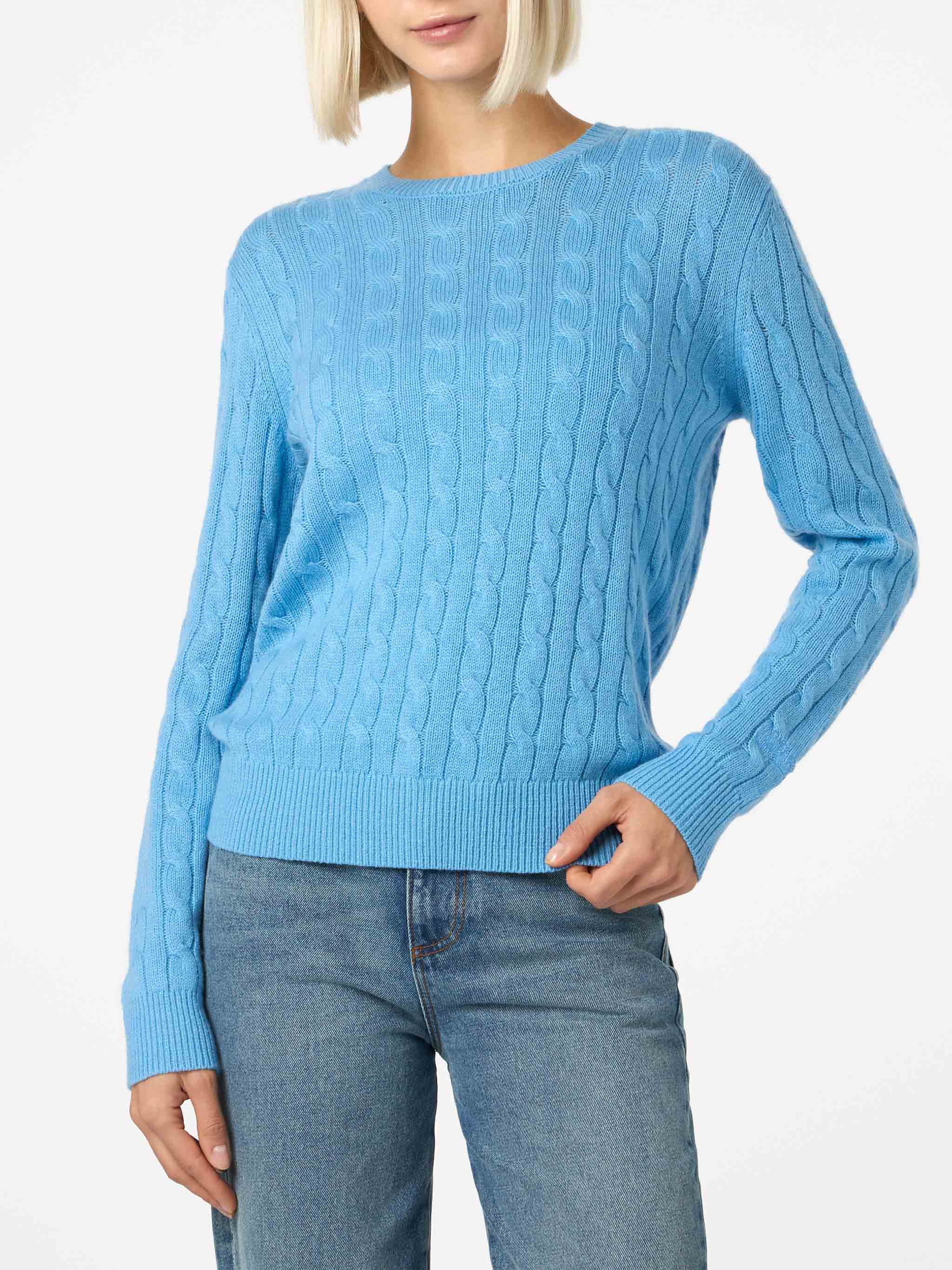 Kabelgebreide trui voor dames van kasjmierblend, blauw Pol