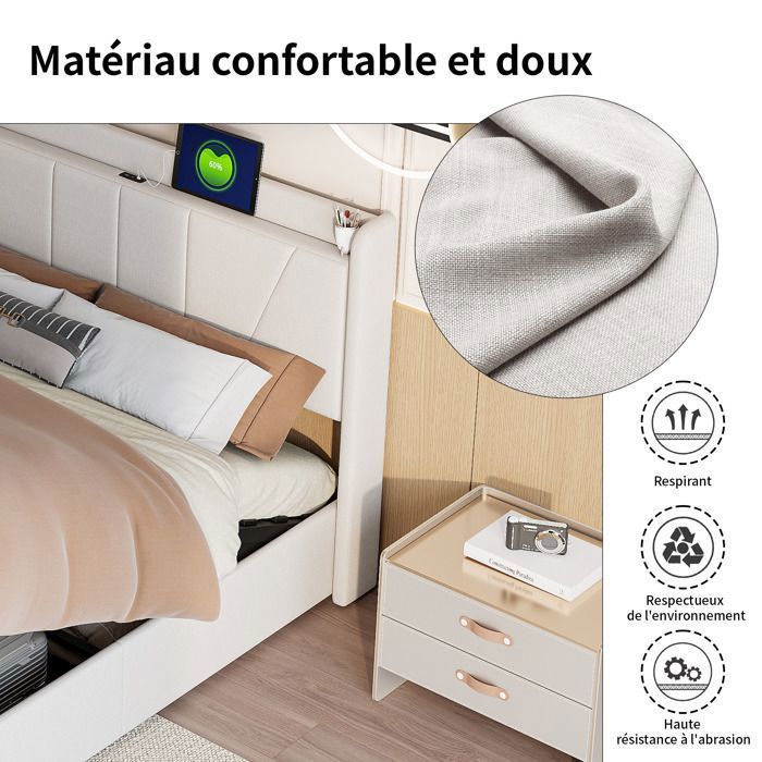 Lit coffre 160x200cm avec ports USB et Type C, lit adulte 160x200 cm avec rangement hydraulique, sommier à lattes, tissu lin, beige