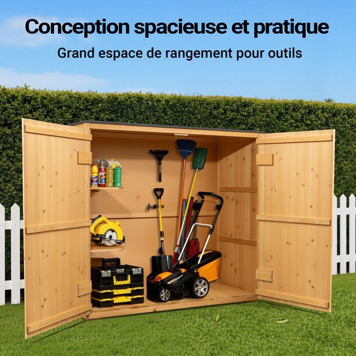 Caseta de jardín Wiltec – 1360 x 580 x 1270 mm – Madera barnizada – con techo revestido de PVC y 2 puertas – Caseta de almacenamiento