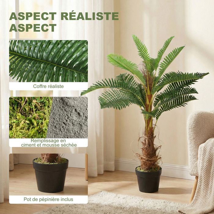 Artificial palm tree - HOMCOM - tropical indoor decoration - 21 leaves - plastic and PEVA - 100 cm - green