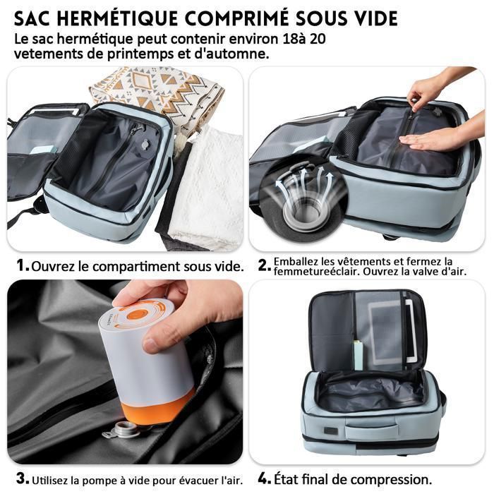 Sac de voyage à compression sous vide - 47 × 33 × 20 cm - Sac à dos multipoches - Imperméable - 35 L- Bagage cabine - Bleu