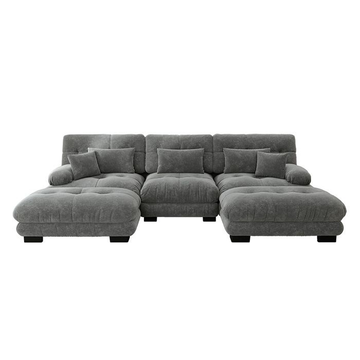 Sofá esquinero modular - Sofá convertible extragrande en forma de U de color gris con otomana de chenilla