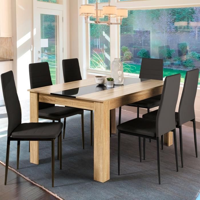 IDMARKET Ensemble table à manger GEORGIA 140 cm imitation hêtre et noire et 6 chaises ROMANE noires