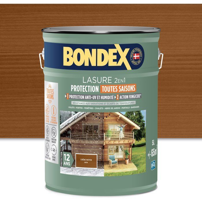 Tinte para madera exterior 2 en 1 - Roble oscuro - Acabado satinado - Protección de 12 años - Para todas las estaciones - Bondex - 5 litros