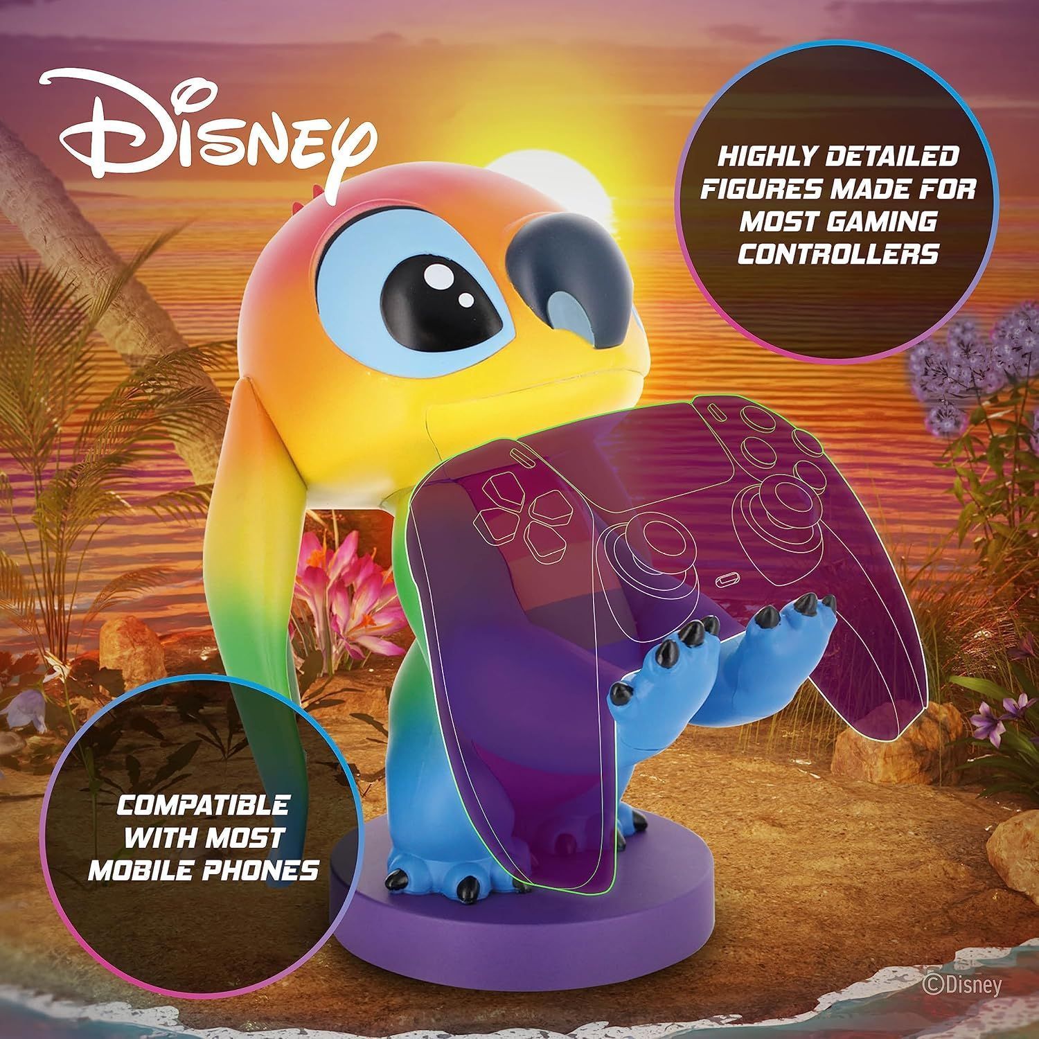 Figura de Stitch Arcoíris de Disney - EXQUISITE GAMING - Cable Guys - Soporte para auriculares, smartphone o accesorios pequeños - 20 cm