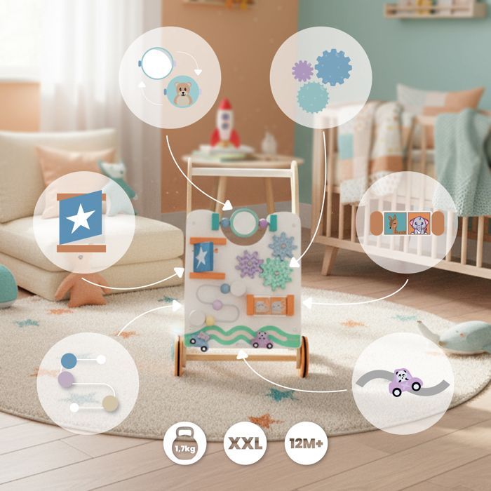 Wooden Baby Walker for Ages 12 Months and Up with Play Panel, Rotating Wheels, Maze, Mirror, and Accessories