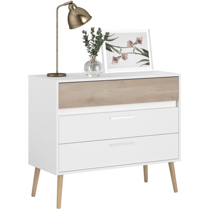 Chambre complète - AALBORG - Scandinave - Blanc / Chêne - Lit 160 x 200 cm, 2 chevets, commode, armoire - PARISOT