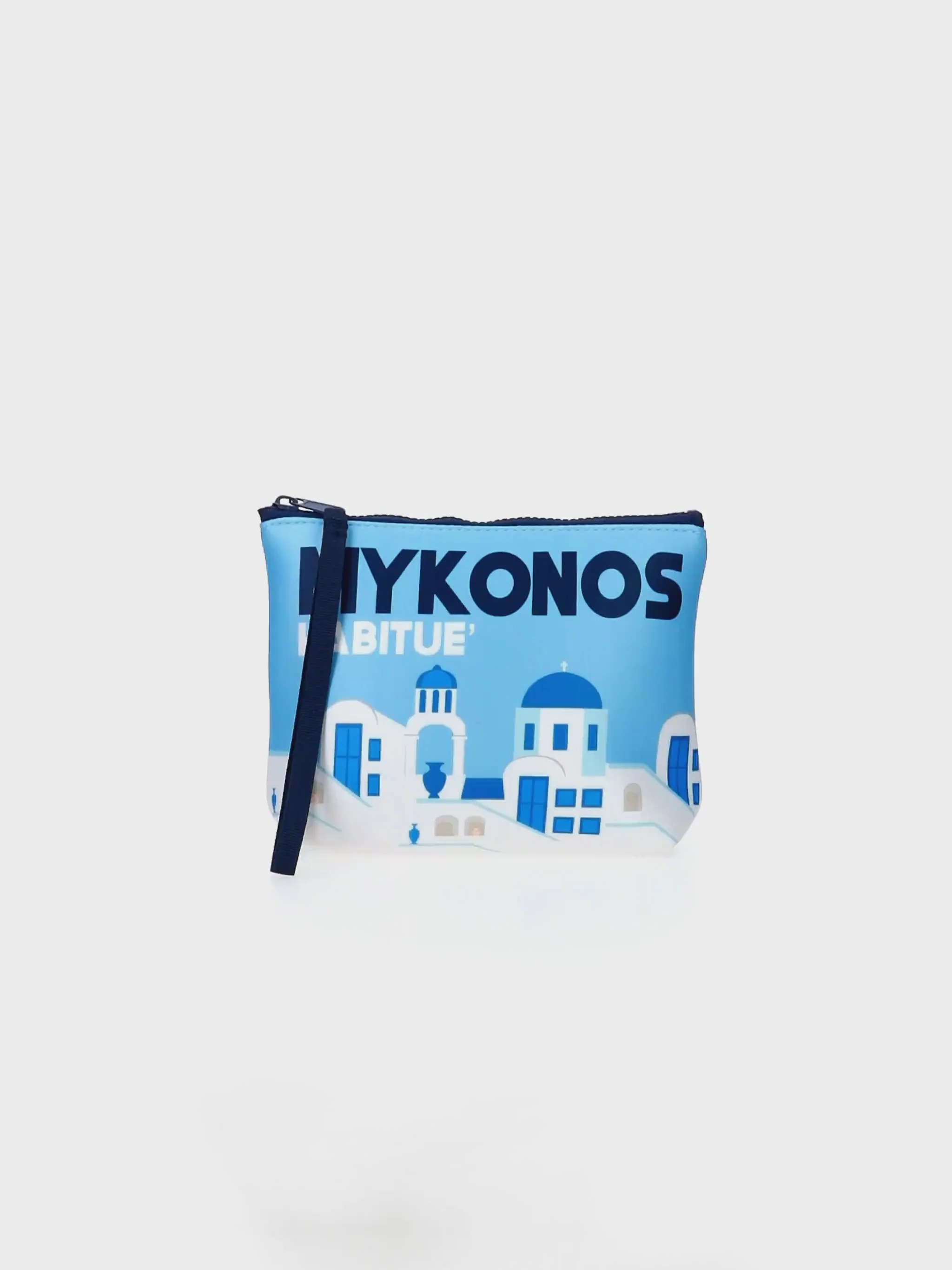 Aline scuba clutch tas met print van een ansichtkaart van Mykonos