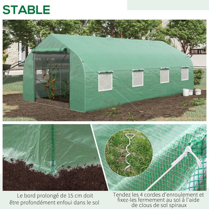 Serre de jardin tunnel - Outsunny - porte 8 fenêtres enroulables galvanisé bâche PE haute densité 140 g/㎡ - 600x300x200cm - vert