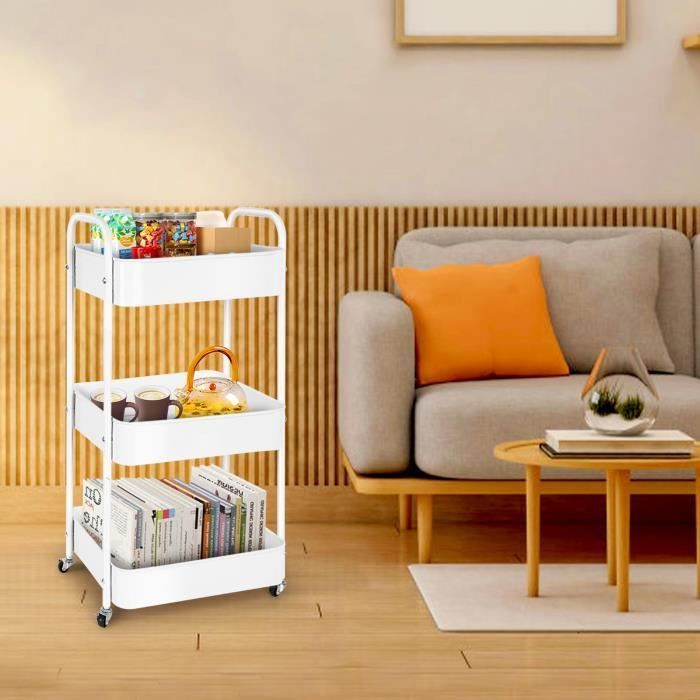Carrito de almacenamiento - Blanco - 3 niveles - Ruedas - 41x30,5x76 cm - Armario de cocina