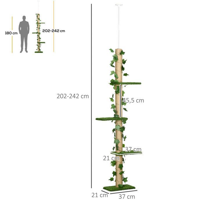 Tiragraffi per gatti - PawHut - regolabile dal pavimento al soffitto, erba artificiale a 4 livelli - morbido - 37x21x202-242 cm - verde