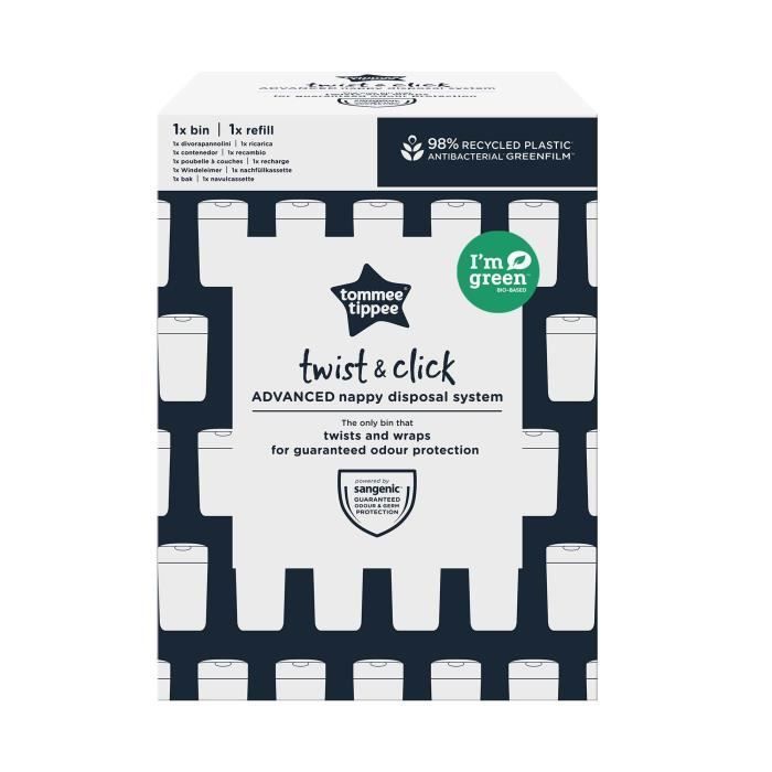 Lixeira para fraldas Tommee Tippee Twist & Click - Resistente a odores e germes - 1 cassete - Película antibacteriana multicamadas - Branca