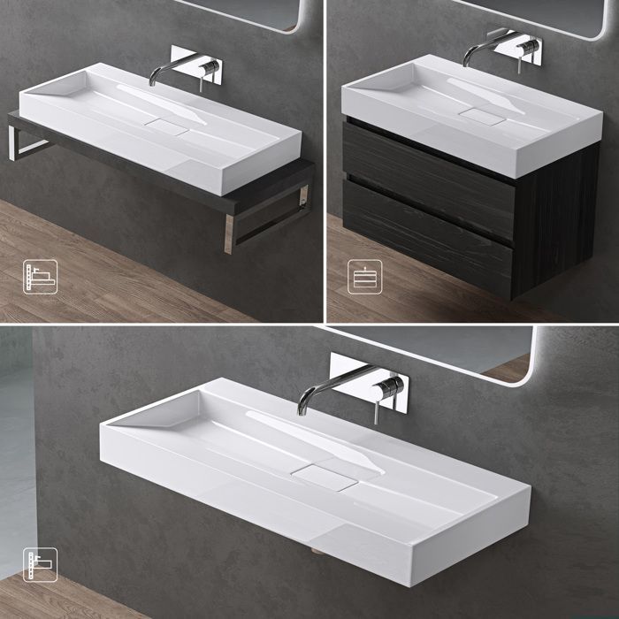 Doporro Wall-Mounted Washbasin with Drain, White, 90x46x11cm, Rectangular Hand Basin, No Drilling Required, Colossum19