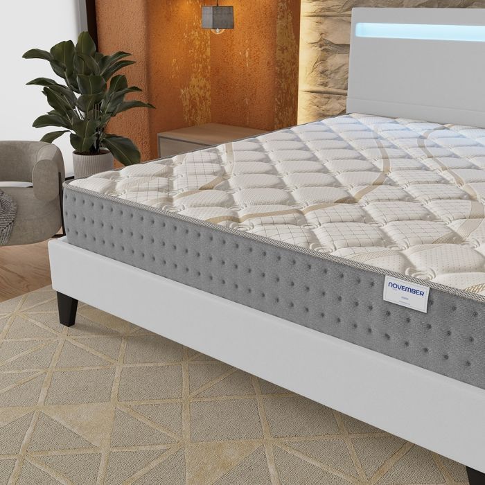 Colchón y cama (140x200cm) - Muelles ensacados Essem de 25cm y espuma de alta densidad + Base de láminas estable y cabecero LED Blanco