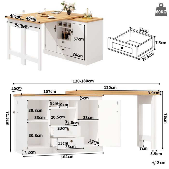 Isla de cocina multifuncional extensible, mesa de bar ajustable con rotación de 360° (120-180 cm), con 2 cajones y puertas, color blanco.