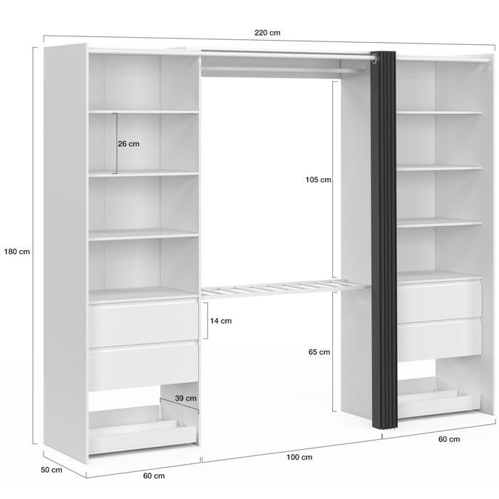 IDMARKET MERYL XXL Double Wardrobe 220 cm with trouser rack + shelves + drawers + shoe storage, white and grey