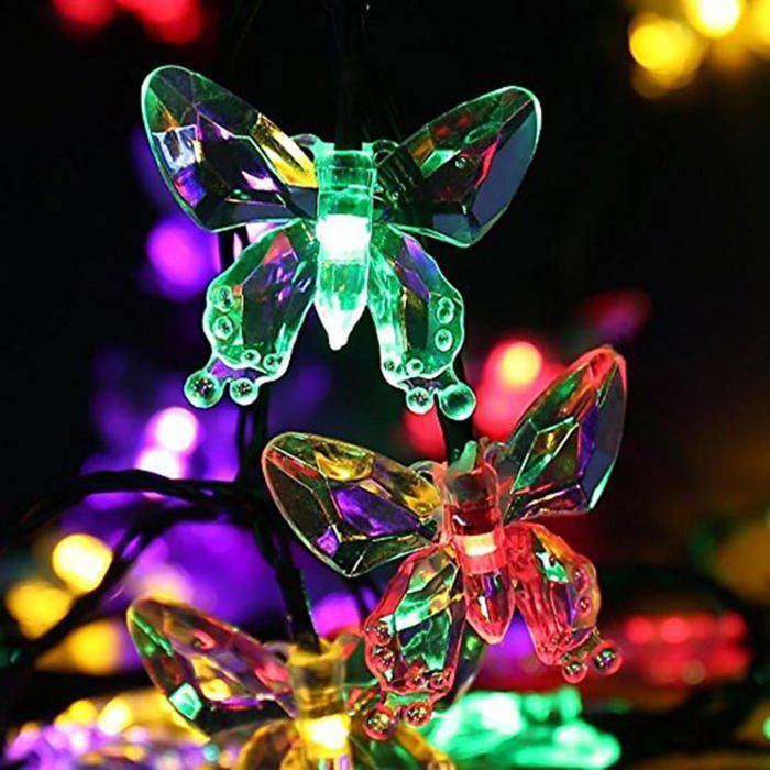 Guirlande lumineuse solaire à 20 LED en forme de papillon - Étanche - Pour extérieur - 5 m (lumières multicolores)