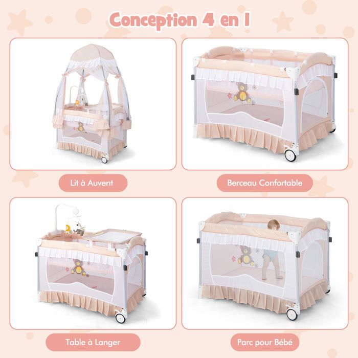 Lit Bébé Parapluie Bébé Pliant 4 en 1 COSTWAY-Matelas,Moustiquaire de Yourte,Table à Langer-2 Roues-Boîte à Musique,3 Jouets-Rose