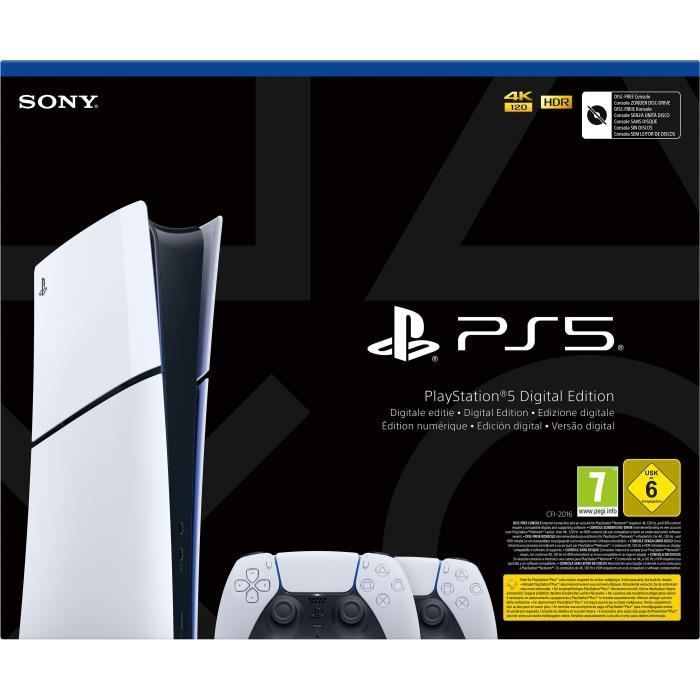 Pack PS5 Digitale (sans lecteur CD) : Console PlayStation 5 (Modèle Slim) + 2ème manette DualSense Blanche