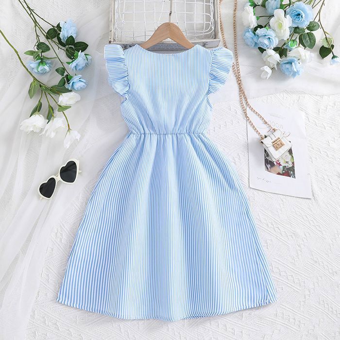 2025 nouvelle collection Robe d'été pour fillesà rayures bleu clair