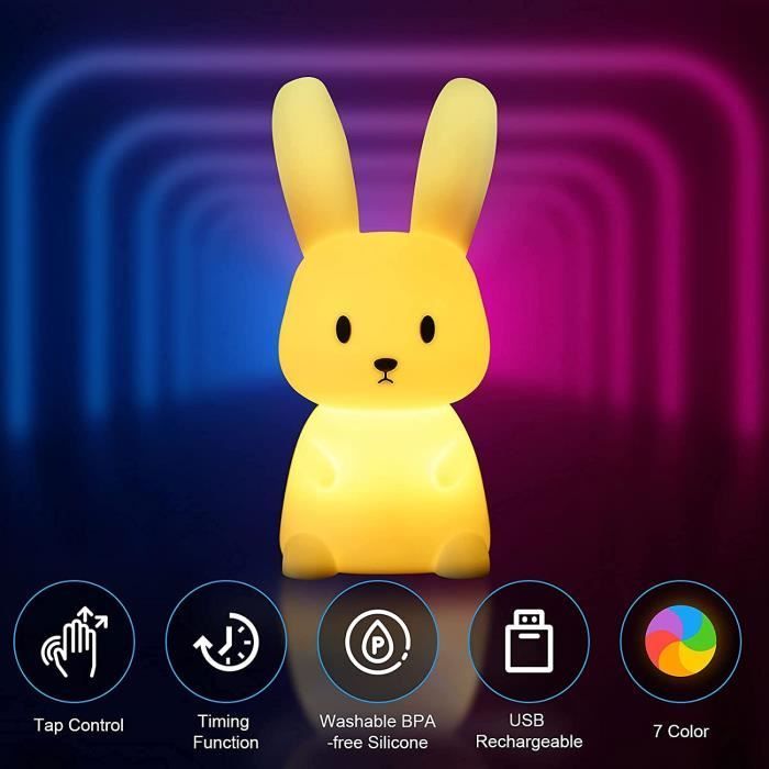 Veilleuse Lapin Tactile 7 Couleurs - HAUTSTORE - USB Rechargeable - Décoration Noël Chambre Enfant