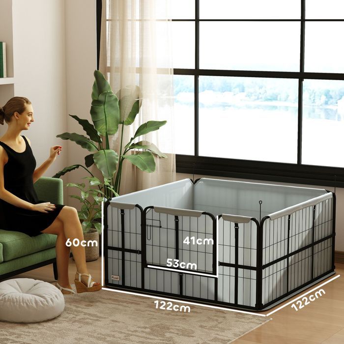 Box per cagne in allattamento - PawHut - con porta chiudibile a chiave - tappetino per addestramento lavabile - acciaio - 122 x 122 x 60 cm - nero